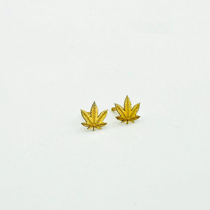 14K Solid Yellow Gold Etched Marijuana Leaf Stud Earrings 7.5mm x 7.5mm