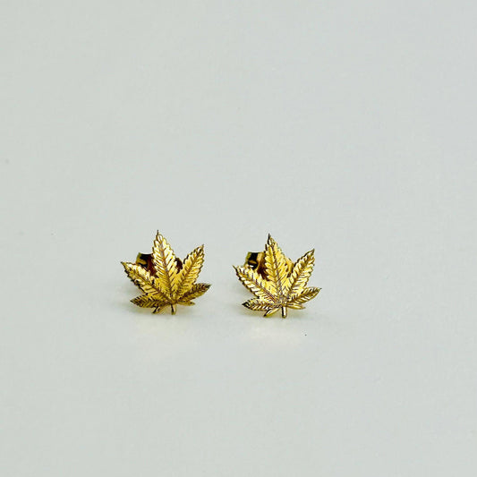 14K Solid Yellow Gold Etched Marijuana Leaf Stud Earrings 7.5mm x 7.5mm