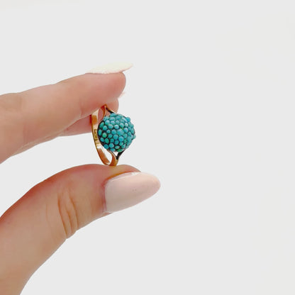 Antique Victorian 9k Gold Pavé Turquoise Bombe Dome Ring - Size 9 US