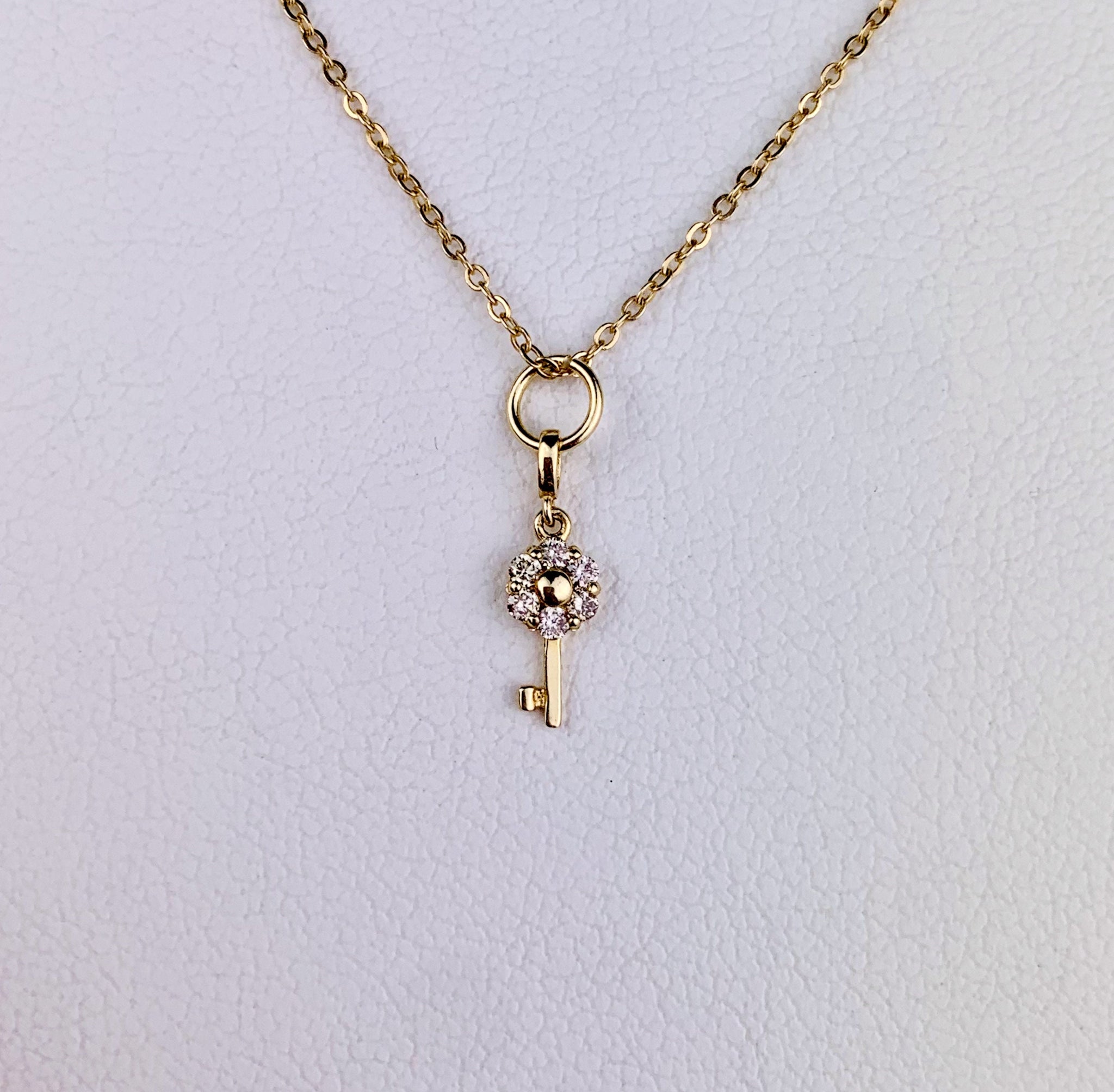 14K Solid White Gold Diamond Key Necklace